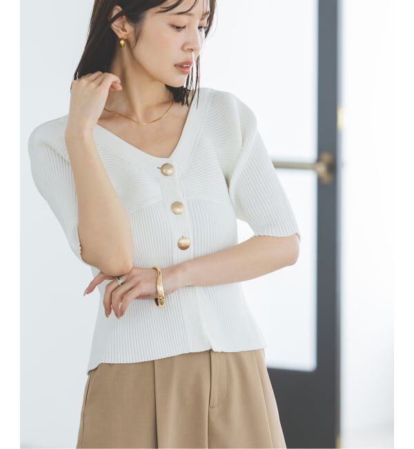 NOBLE「《追加》ゴールドボタンVネックリブニット」|カーディガン|ホワイト