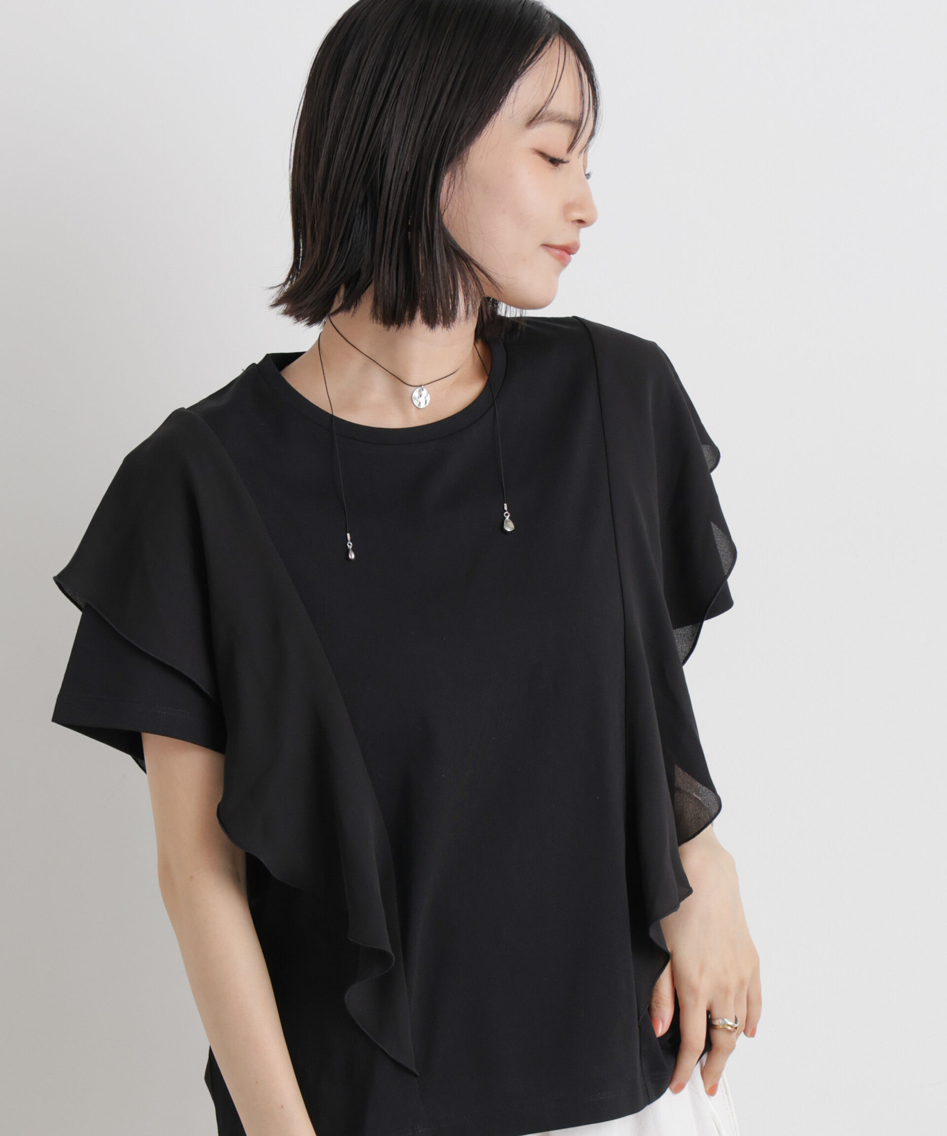 nano･universe「ラッフル異素材コンビカットトップス接触冷感&UVカット機能付」|Tシャツ・カットソー|ブラック
