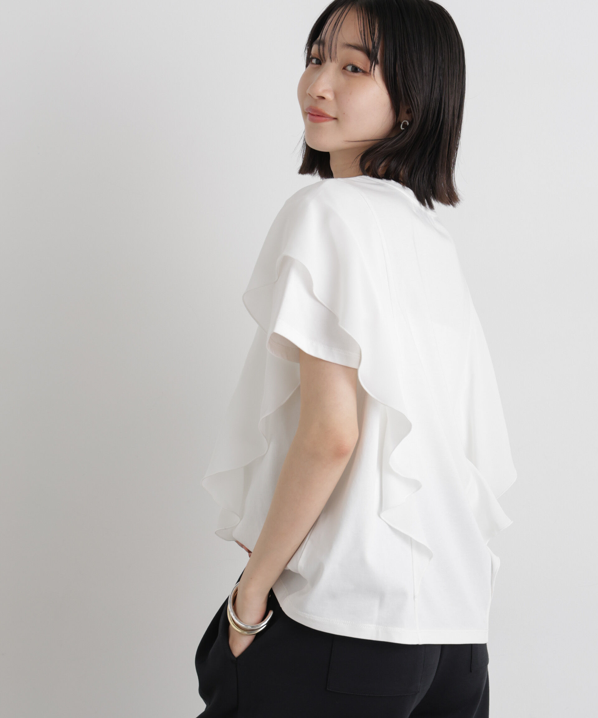 nano･universe「ラッフル異素材コンビカットトップス接触冷感&UVカット機能付」|Tシャツ・カットソー|