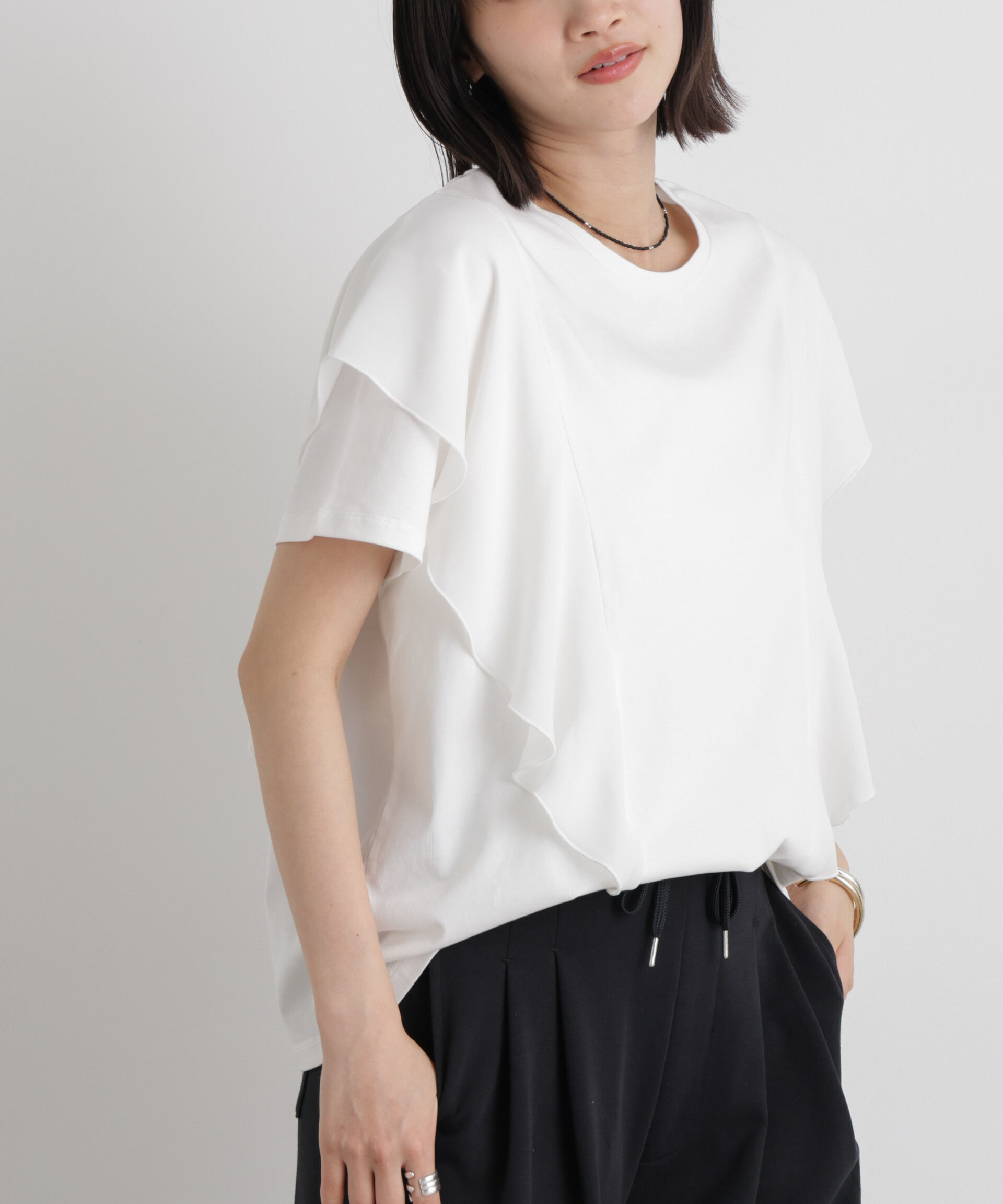 nano･universe「ラッフル異素材コンビカットトップス接触冷感&UVカット機能付」|Tシャツ・カットソー|