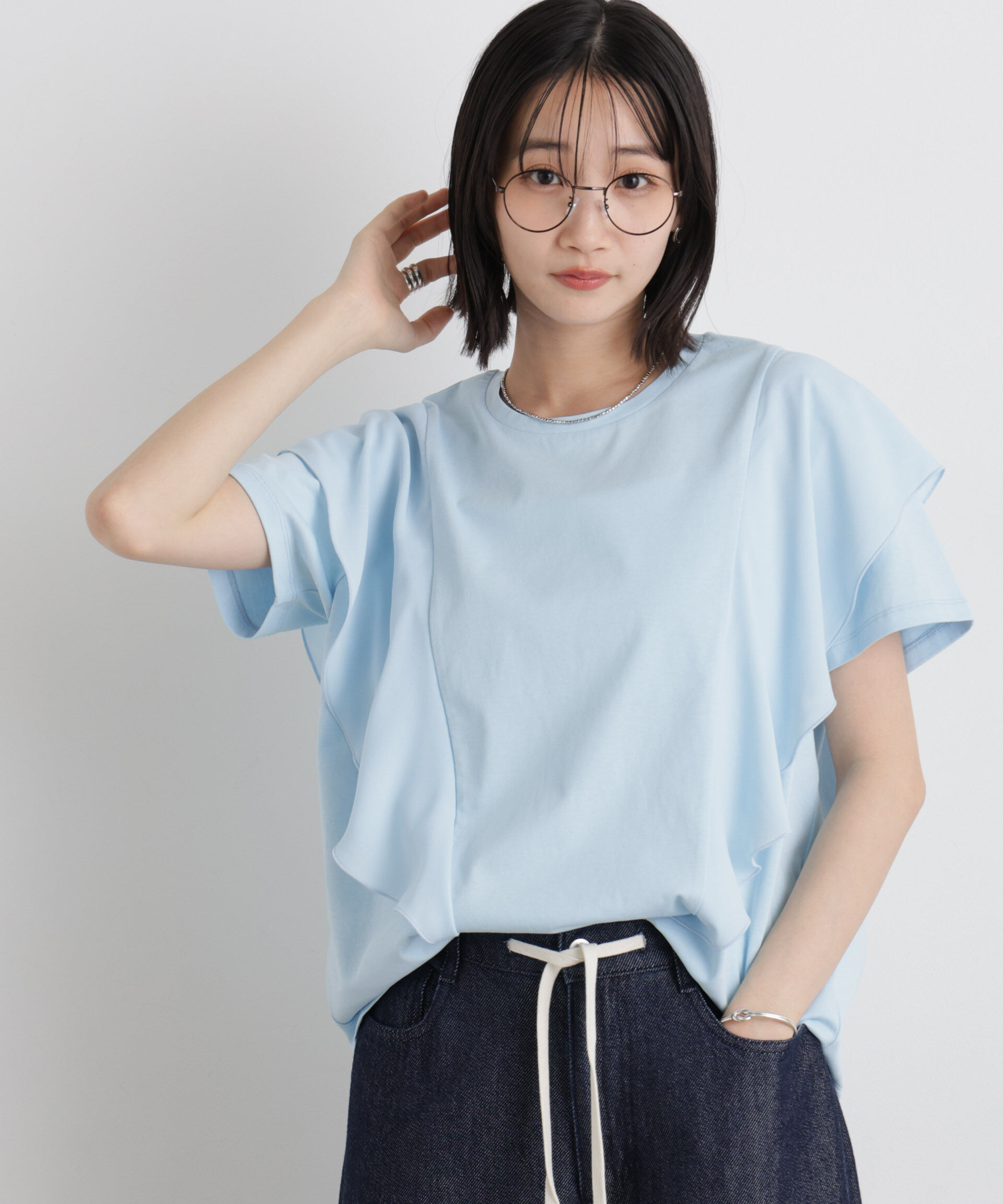 nano･universe「ラッフル異素材コンビカットトップス接触冷感&UVカット機能付」|Tシャツ・カットソー|