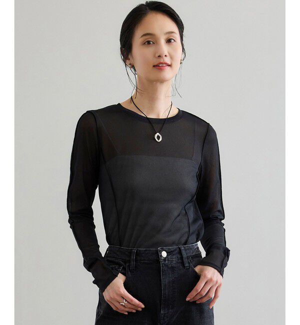ROPE「【WEB・一部店舗限定】ストレッチシアー＆レースカットソー/洗える」|Tシャツ・カットソー|ブラック(01)