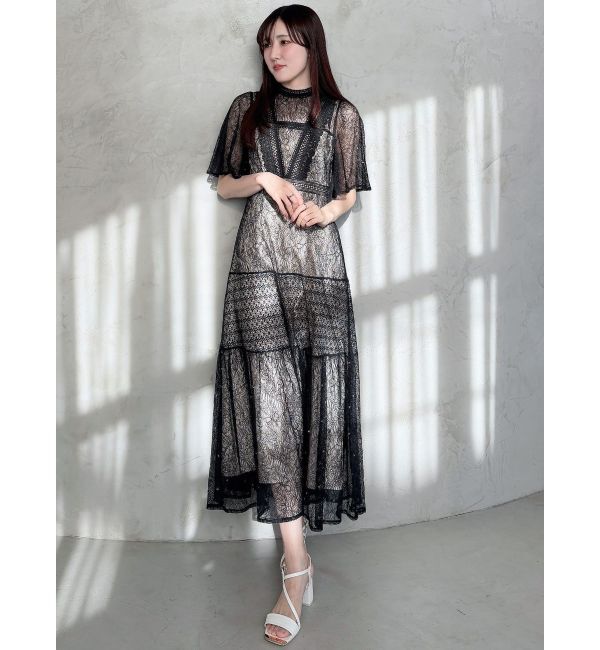 MERCURYDUO「ミックスレースフレアスリーブワンピース」|ワンピース|