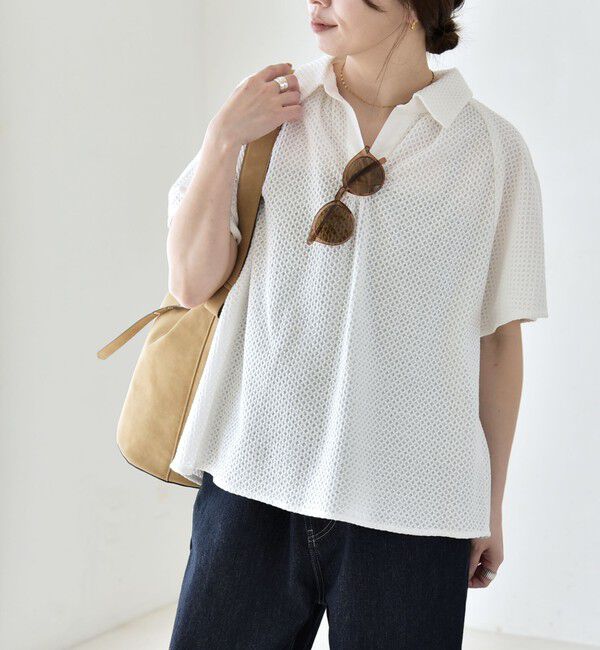 quaranciel「《予約》quaranciel:〈手洗い可能〉コットン 刺繍 スキッパー ギャザー プルオーバー シャツ」|シャツ・ブラウス|