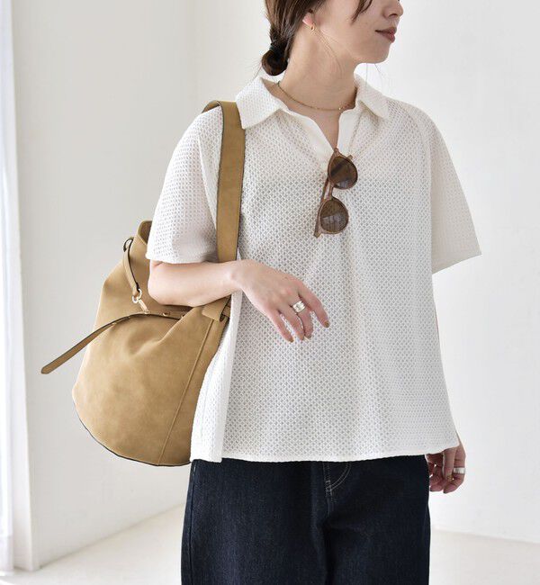 quaranciel「《予約》quaranciel:〈手洗い可能〉コットン 刺繍 スキッパー ギャザー プルオーバー シャツ」|シャツ・ブラウス|