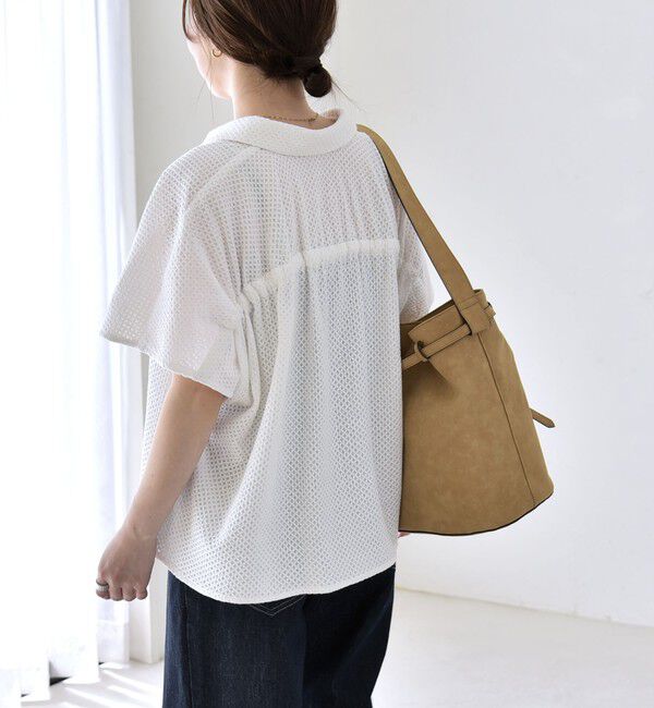 quaranciel「《予約》quaranciel:〈手洗い可能〉コットン 刺繍 スキッパー ギャザー プルオーバー シャツ」|シャツ・ブラウス|