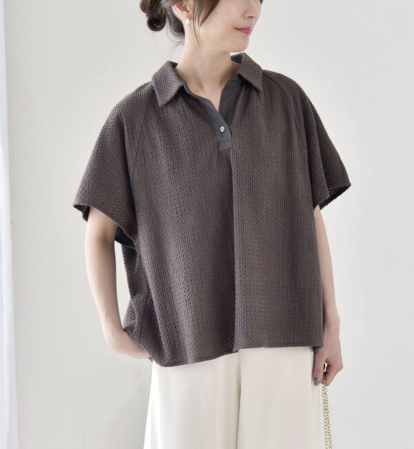 quaranciel「《予約》quaranciel:〈手洗い可能〉コットン 刺繍 スキッパー ギャザー プルオーバー シャツ」|シャツ・ブラウス|