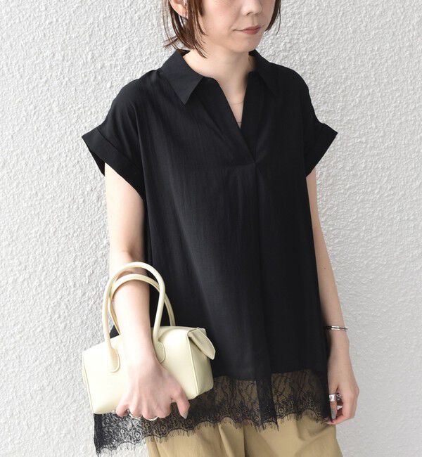 SHIPS Colors 「《予約》SHIPS Colors:〈手洗い可能〉ヘム レース スキッパー ブラウス◆」|シャツ・ブラウス|ブラック