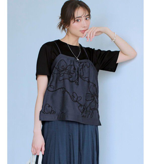23区「シアーエンブロイダリー キャミソール コンビ Tシャツ」|Tシャツ・カットソー|ブラック系