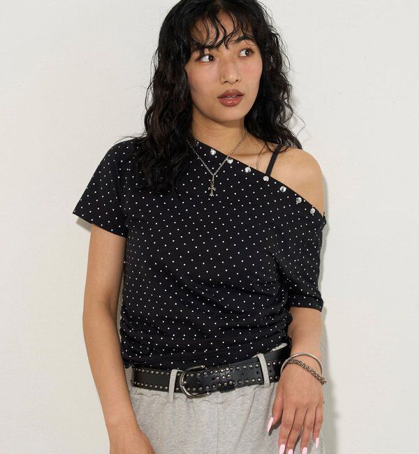  「アソート (カモ柄/ヒョウ柄)/ドット柄)スタッズドロストワンショルTEE」|Tシャツ・カットソー|