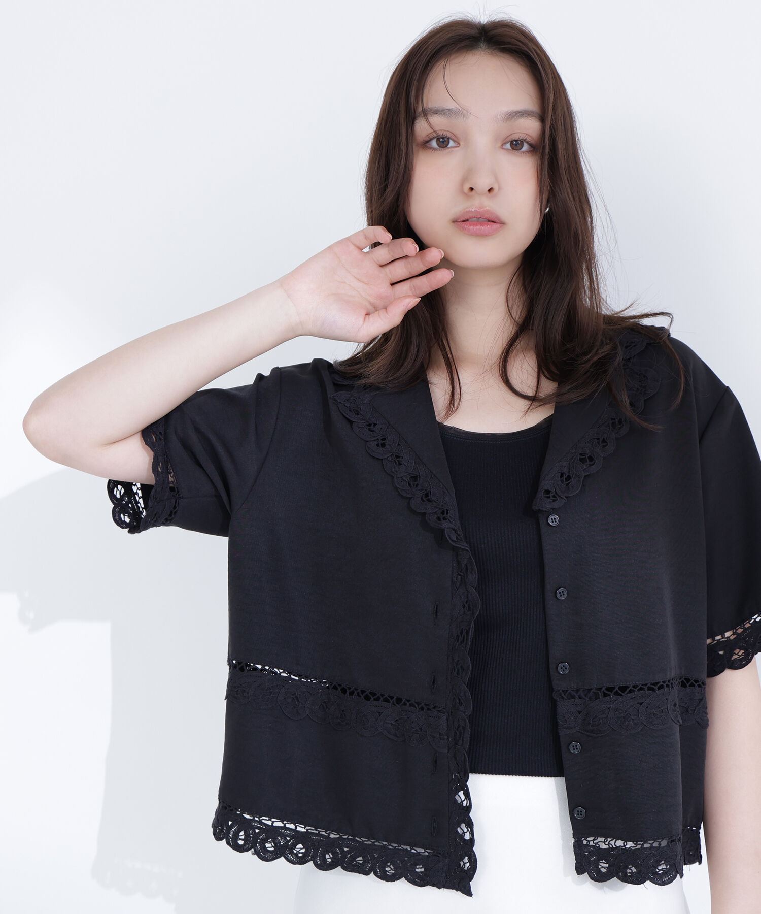  「レーストリンミングシャツ」|シャツ・ブラウス|ブラック