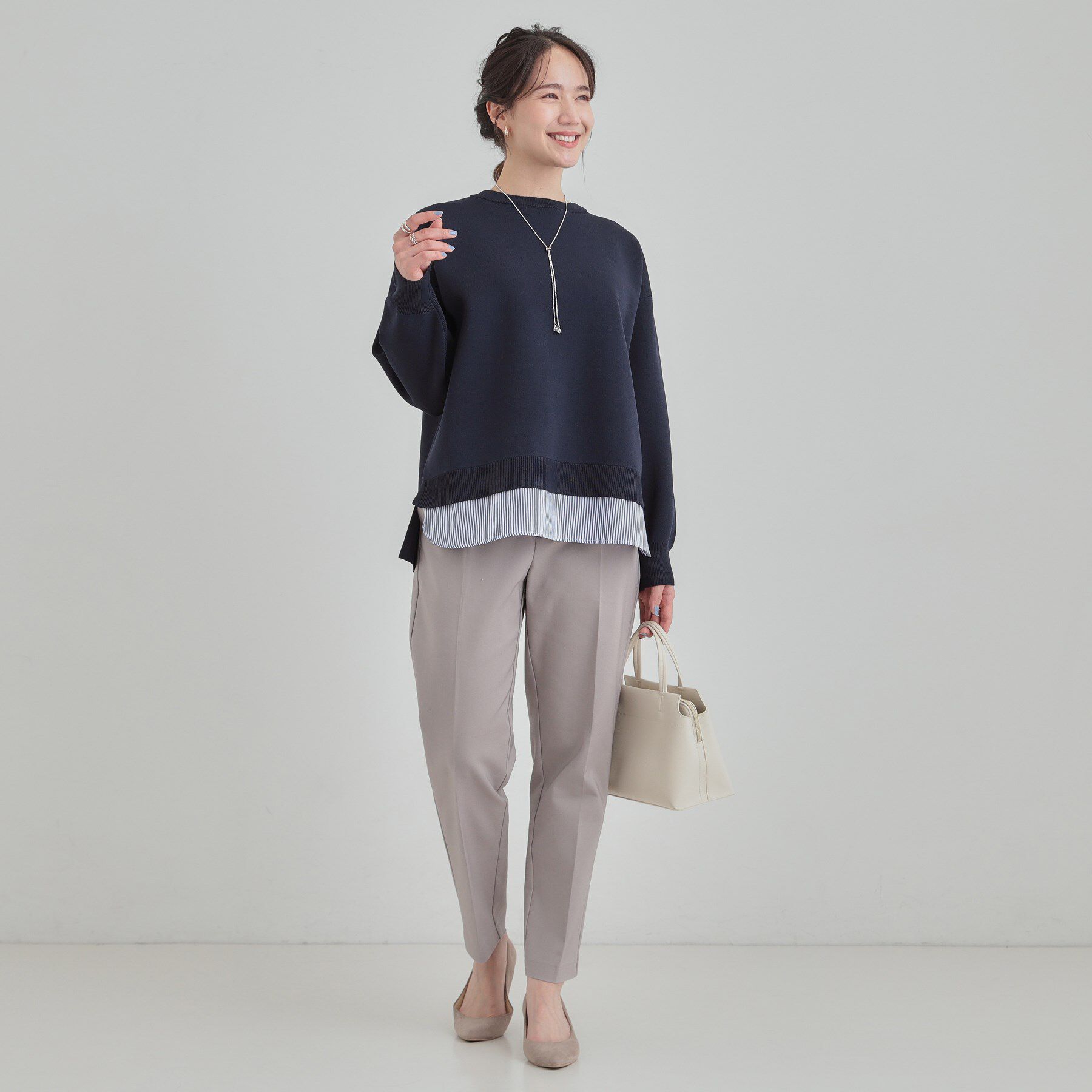 SHOO･LA･RUE「【高レビュー/洗濯機可/S-LL】さらに軽くなった スポンディッシュ裾フェイクトップス」|ニット・セーター|