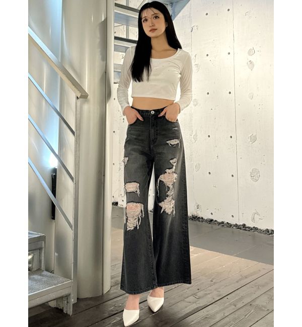 GYDA「GYGY embroideryラインストーンベロアトップス」|Tシャツ・カットソー|