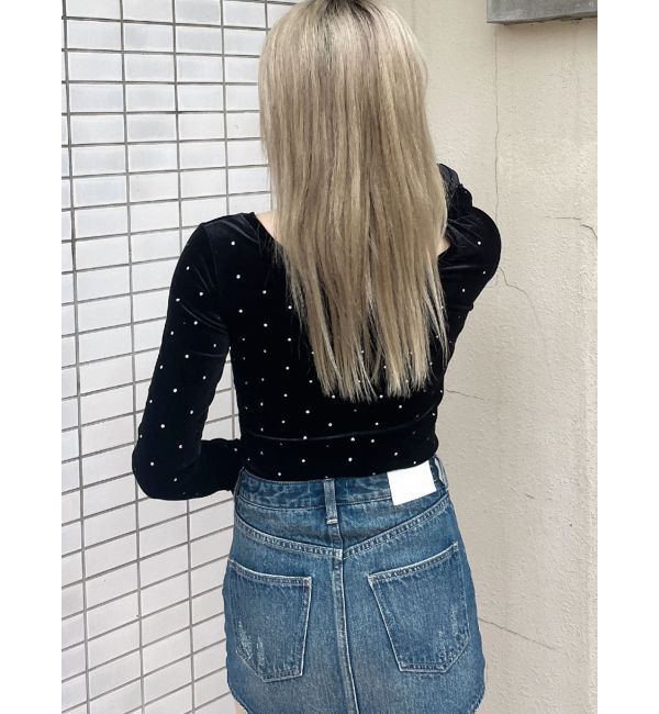 GYDA「GYGY embroideryラインストーンベロアトップス」|Tシャツ・カットソー|