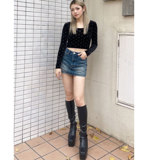 GYDA「GYGY embroideryラインストーンベロアトップス」|Tシャツ・カットソー|
