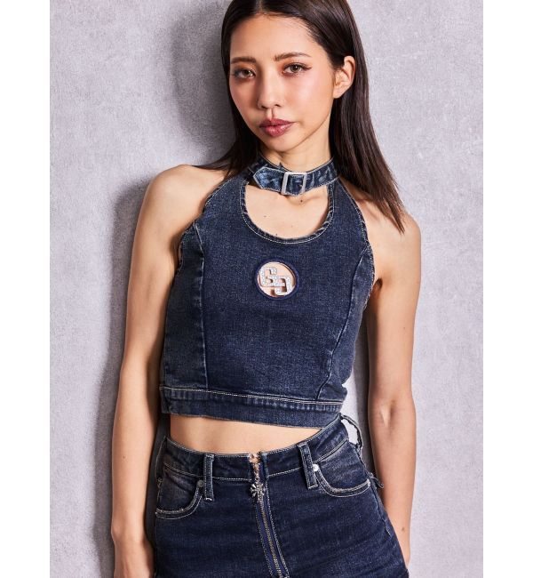 GYDA「GG bijou MOLDチョーカーデニムショートTOPS」|タンクトップ|インディゴ