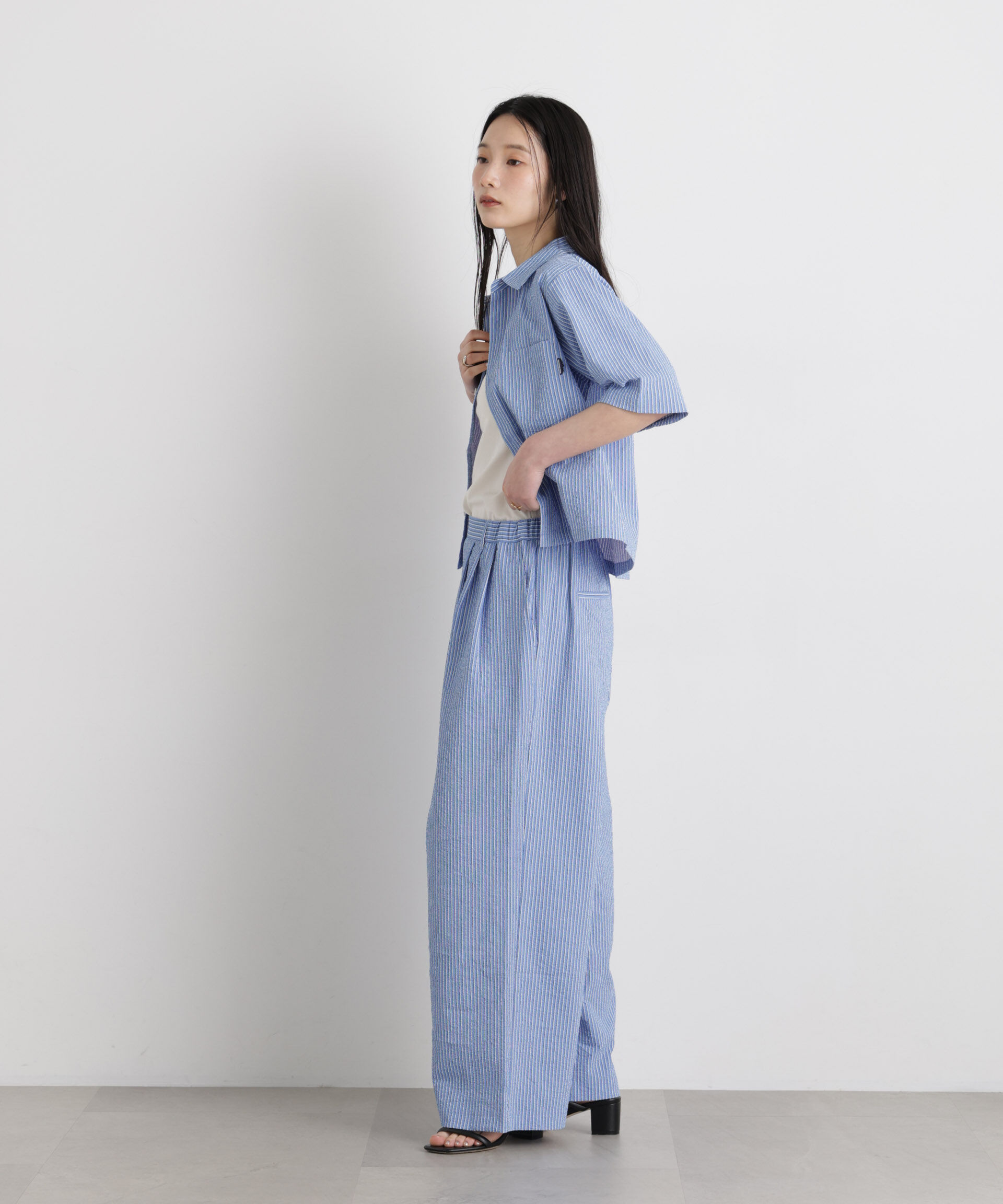 nano･universe「THOUSAND MILE/SEERSUCKER STRIPE SHIRT(セットアップ可)」|シャツ・ブラウス|