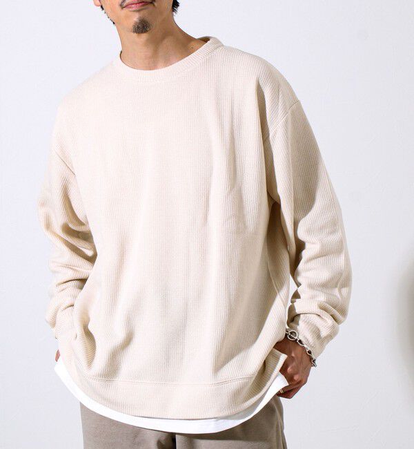 GLOSTER「【1枚でレイヤード見え】畦ニットソー裏起毛フェイクレイヤードロングスリーブ」|Tシャツ・カットソー|オフホワイト