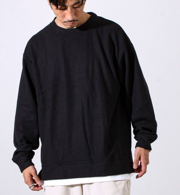 GLOSTER「【1枚でレイヤード見え】畦ニットソー裏起毛フェイクレイヤードロングスリーブ」|Tシャツ・カットソー|ブラック