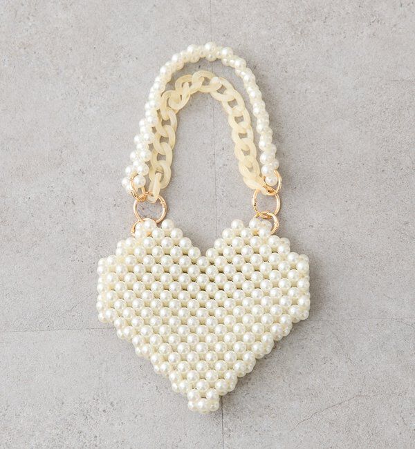  「ビーズハンドルハートBAG」|トートバッグ|アイボリー