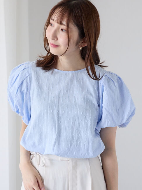 Te chichi TERRASSE「ストライプドットジャカードパフ袖ブラウス」|シャツ・ブラウス|ブルー