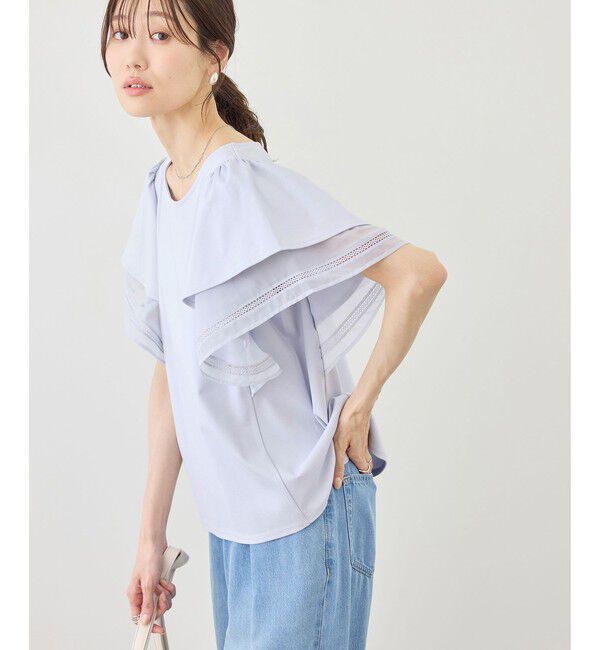 Rope&rsquo;Picnic「レースドッキングフレアスリーブカットトップス/UVカット・接触冷感」|Tシャツ・カットソー|