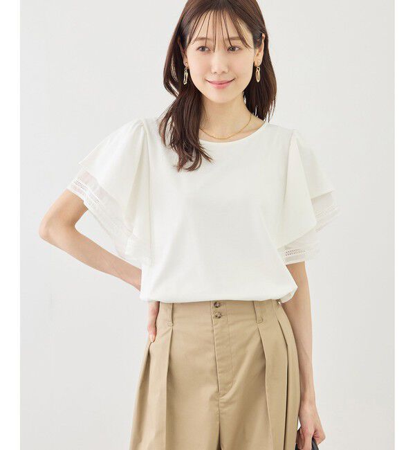 Rope&rsquo;Picnic「レースドッキングフレアスリーブカットトップス/UVカット・接触冷感」|Tシャツ・カットソー|