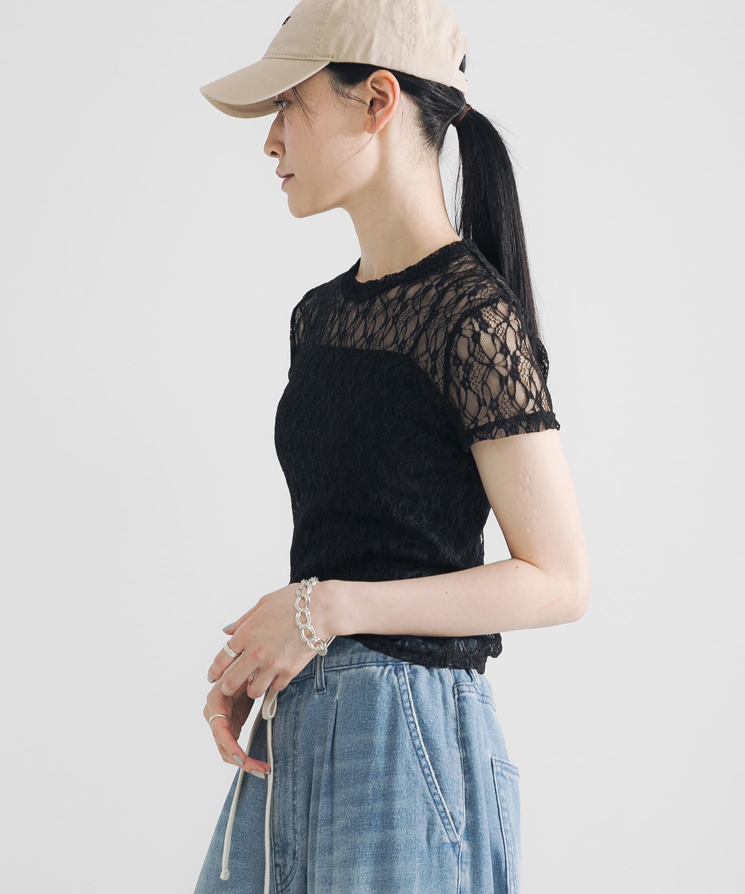 URBAN RESEARCH「ストレッチレースTシャツ」|Tシャツ・カットソー|ブラック