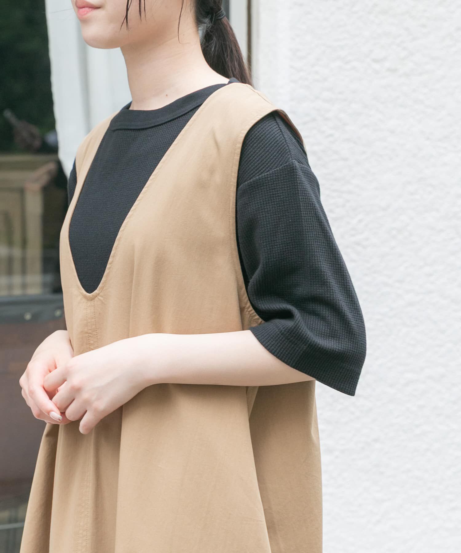 URBAN RESEARCH DOORS「FORK&SPOON　ミニワッフル5分袖Tシャツ」|Tシャツ・カットソー|ブラック