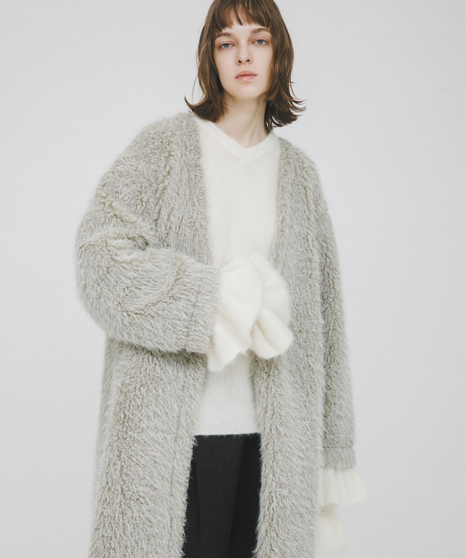 LAATO「long boa coat」|ノーカラーコート|ライトカーキ
