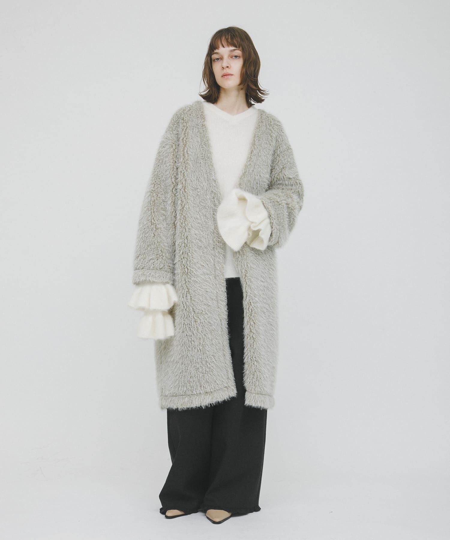 LAATO「long boa coat」|ノーカラーコート|