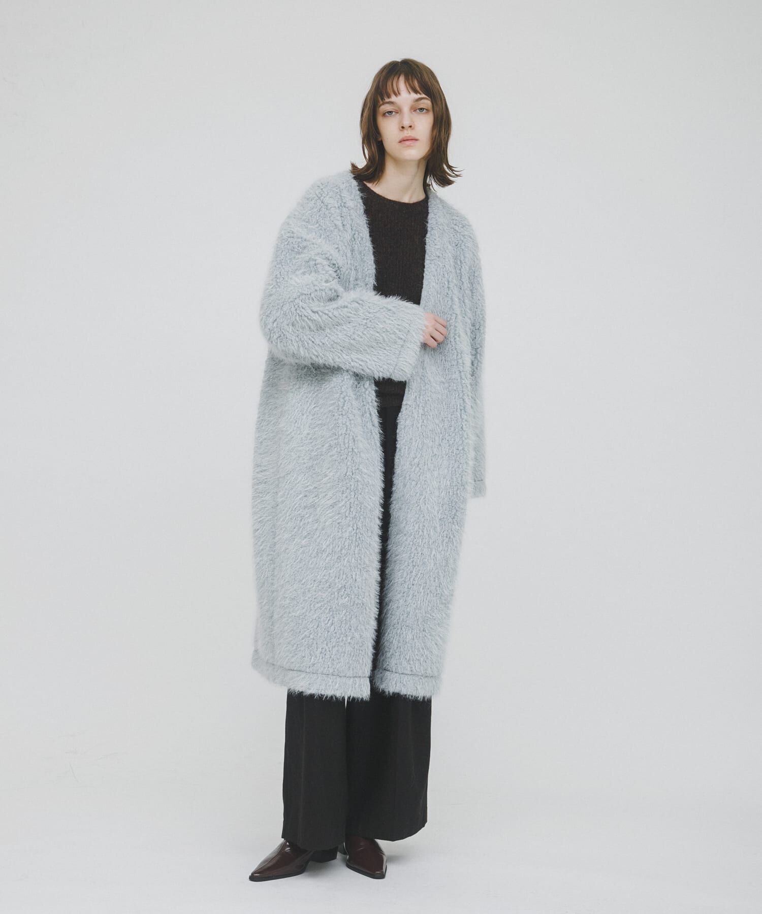 LAATO「long boa coat」|ノーカラーコート|