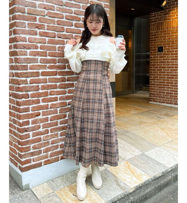  「ウエストきゅっとフリルワンピース」|ワンピース|ブラウン柄
