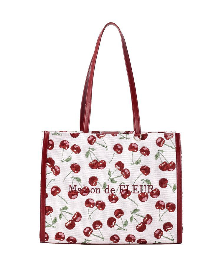 Maison de FLEUR「【A4対応】チェリー柄ゴブランスクエアトートバッグ」|ハンドバッグ|