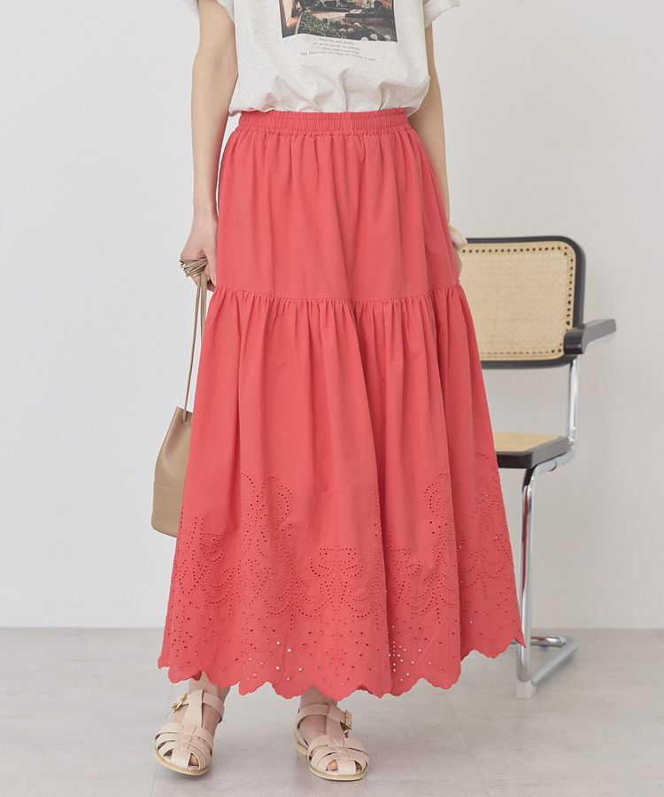 AMERICAN HOLIC「アイレット刺繍ティアードスカート」|フレア|Red