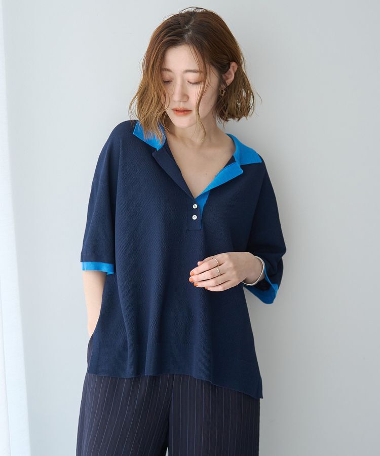 Editt by YECCA VECCA「配色ワイドポロニット」|ニット・セーター|Navy