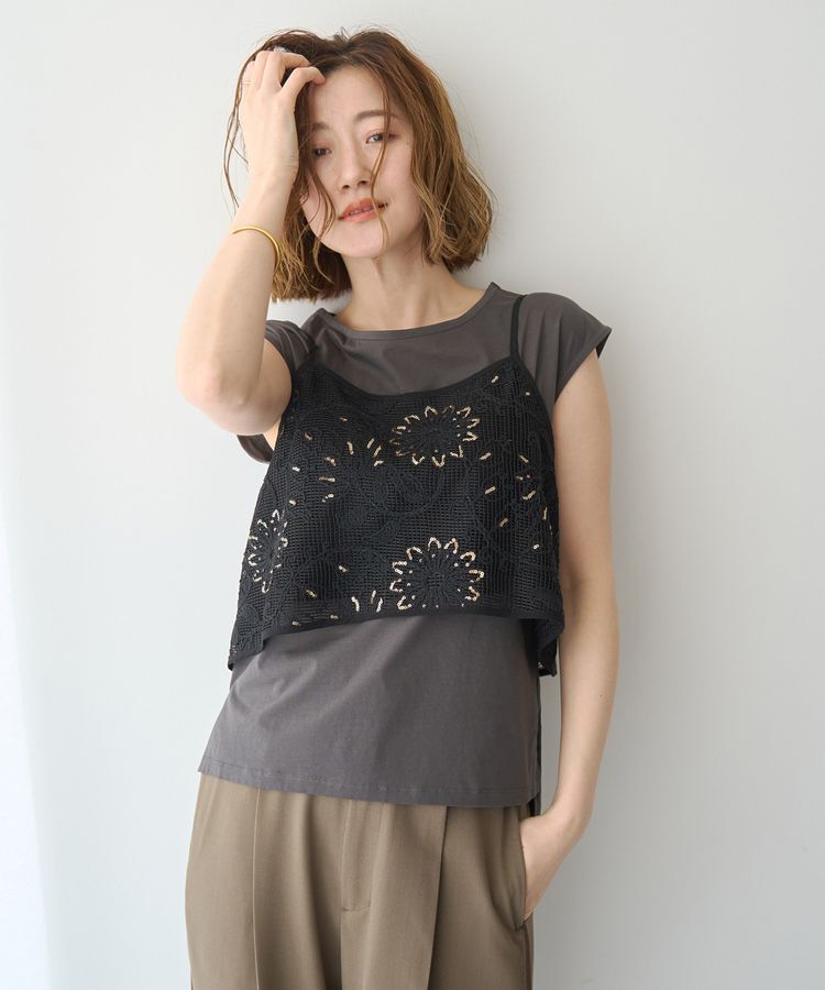 YECCA VECCA「【2点SET】刺繍メッシュキャミセットコットンTee」|Tシャツ・カットソー|Black
