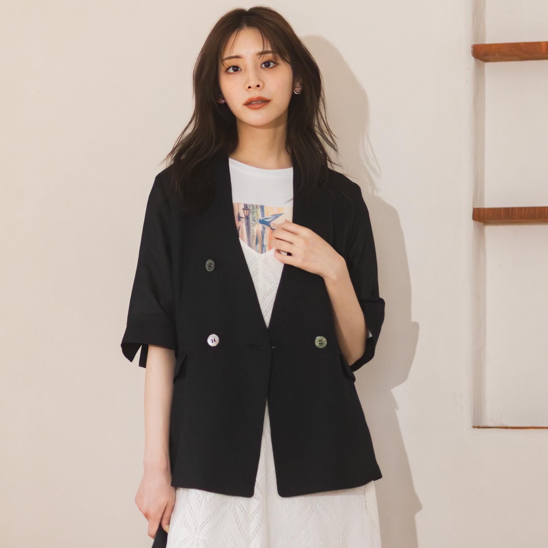 grove「【貴島明日香さん着用・洗濯機OK】軽く羽織れるハーフスリーブジャケット」|テーラードジャケット|