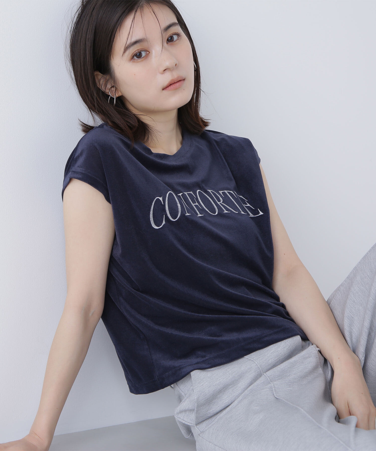  「ベロアロゴ刺繍トップス」|Tシャツ・カットソー|ネイビー