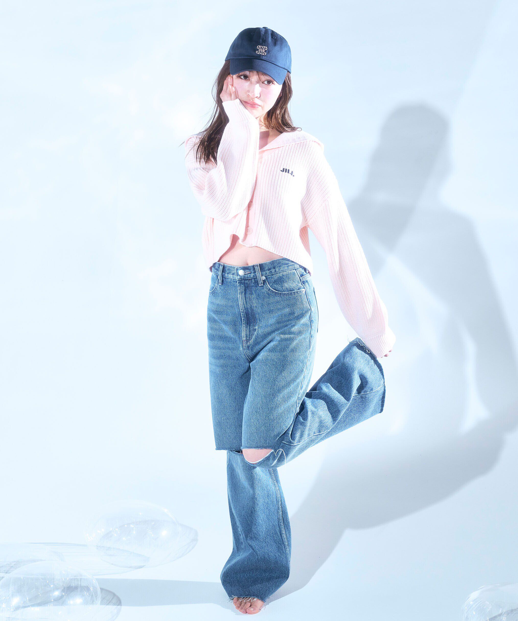  「ダメージデニムスリットワイドパンツ」|その他|ブルー