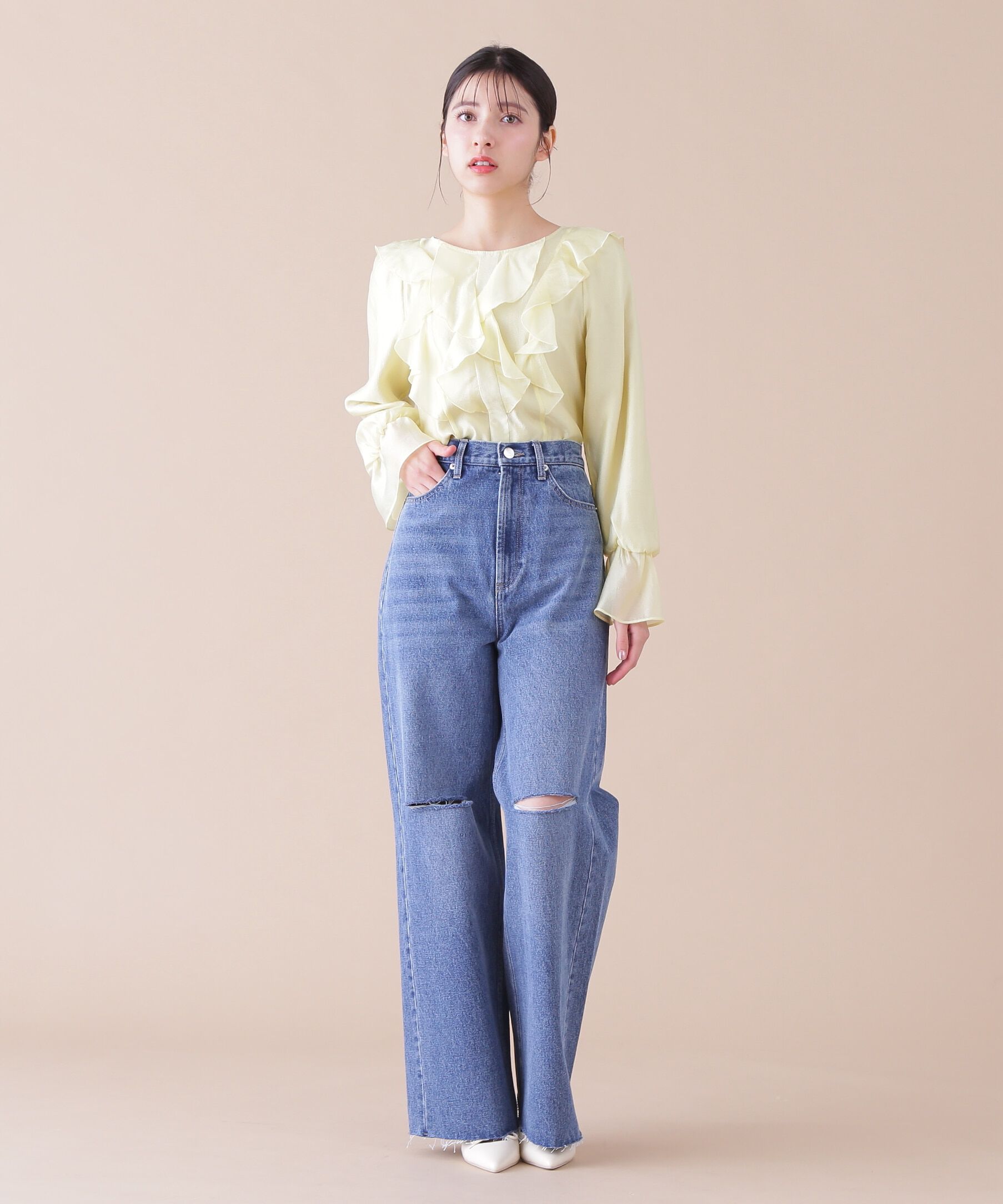  「ダメージデニムスリットワイドパンツ」|その他|