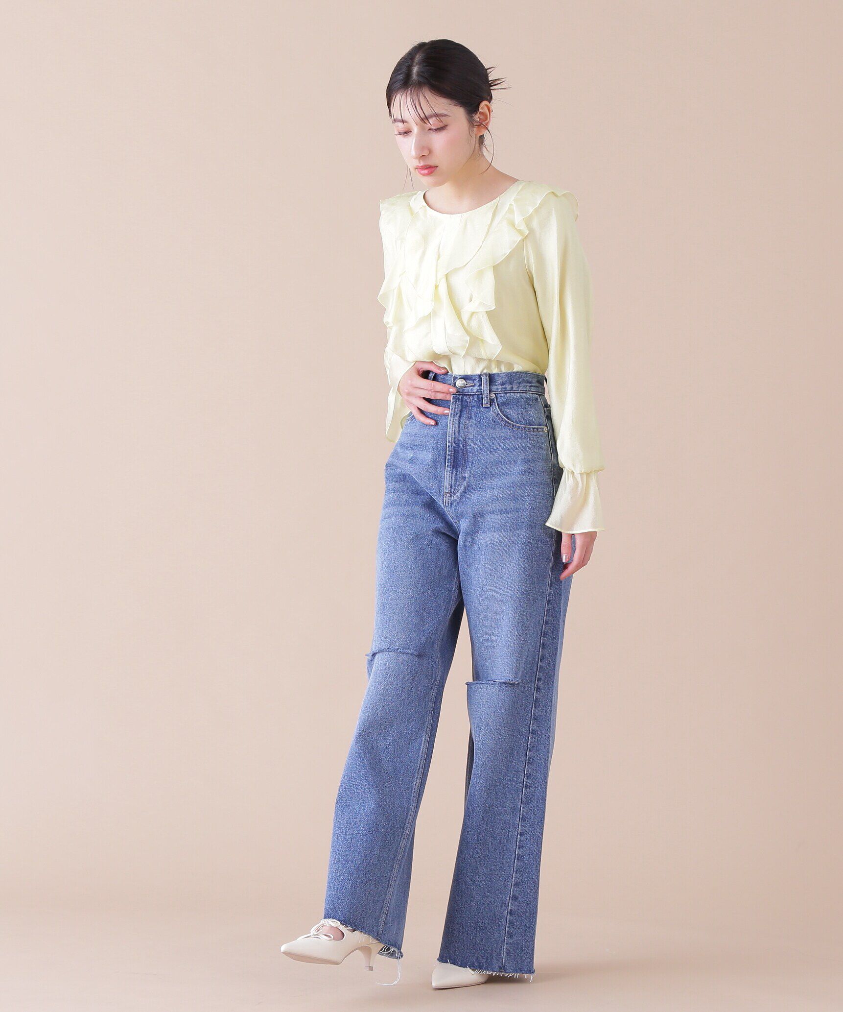  「ダメージデニムスリットワイドパンツ」|その他|