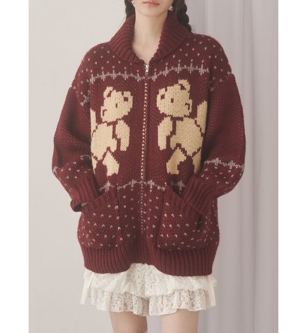merry jenny「bear cowichan knit」|カーディガン|ボルドー