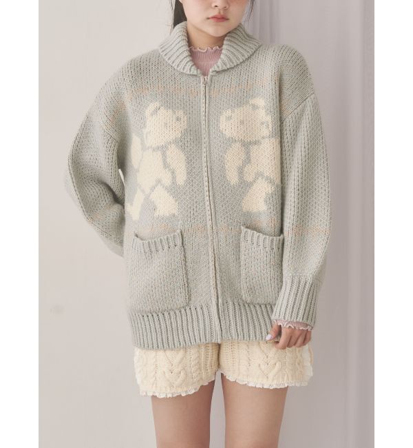 merry jenny「bear cowichan knit」|カーディガン|アイスブルー