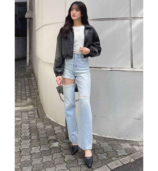 GYDA「Sleeve Studs フェイクレザージャケット」|ライダースジャケット|