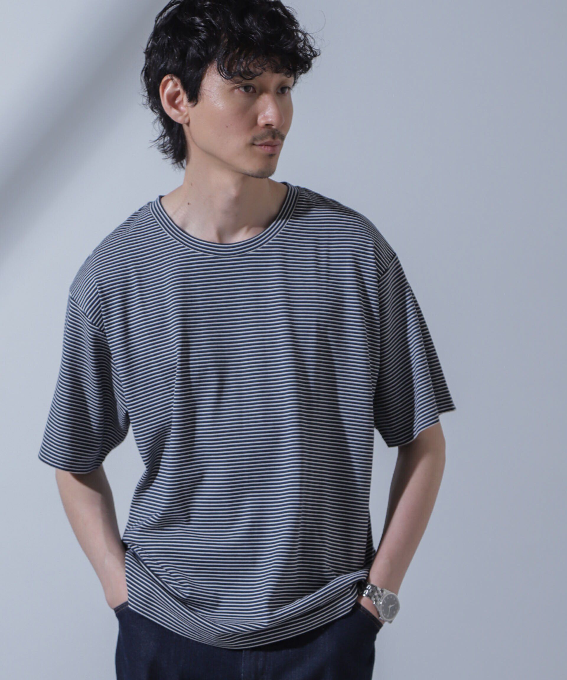 nano･universe「Anti Soaked(R)  汗染み防止 ピンボーダークルーネックTシャツ」|Tシャツ・カットソー|ネイビー