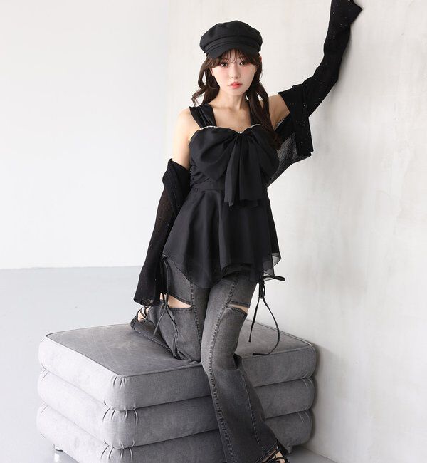  「【SMサイズ展開あり】サイドスリットリボン美脚デニムパンツ」|その他|