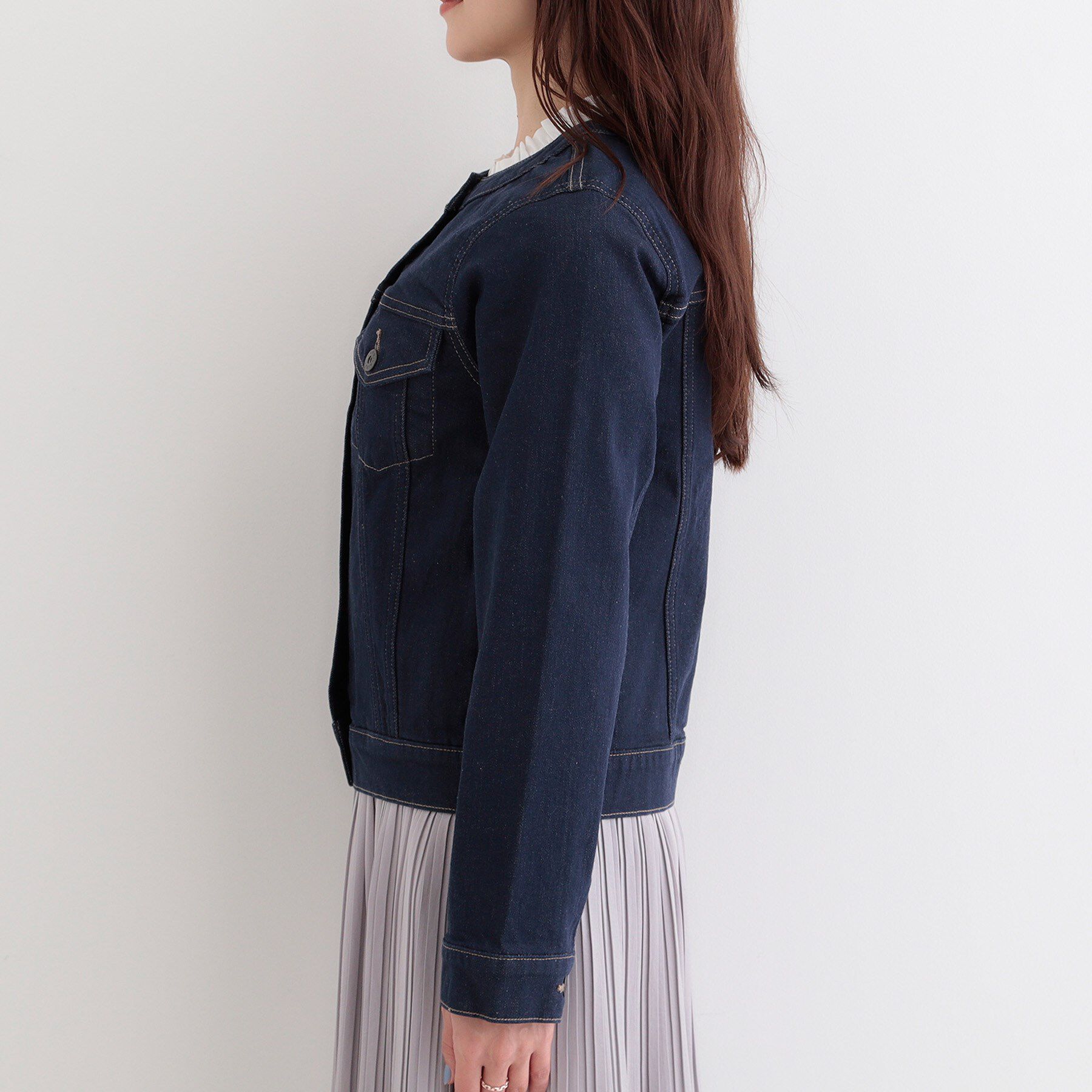 SHOO･LA･RUE「【SHOO・LA・RUE DENIM/S-LL/高レビュー】大人のための ノーカラーデニムジャケット」|デニムジャケット|