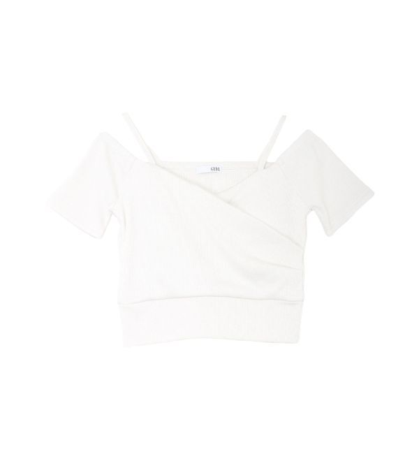 GYDA「ラメテレコハーフスリーブカシュクールオフショルショートTOPS」|Tシャツ・カットソー|
