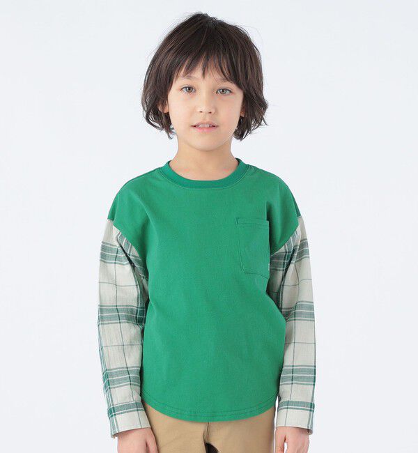 SHIPS KIDS「SHIPS KIDS:100～130cm / チェックシャツ コンビ カットソー」|Tシャツ・カットソー|グリーン